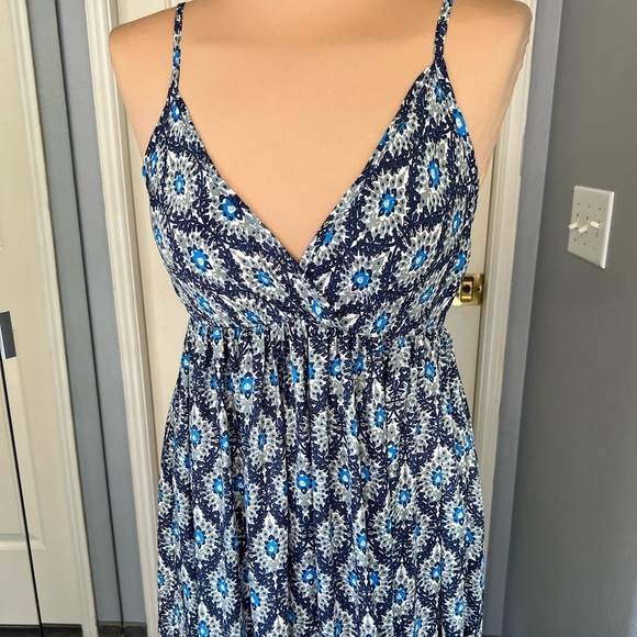 GOA Collection Paris Blue Geometric Floral Tiered Boho Maxi Dress - Picture 2 of 9